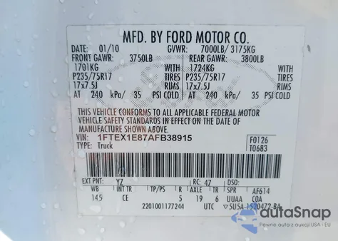 2010 Ford F-150 Xl z USA, uszkodzony, nr VIN 1FTEX1E87AFB38915